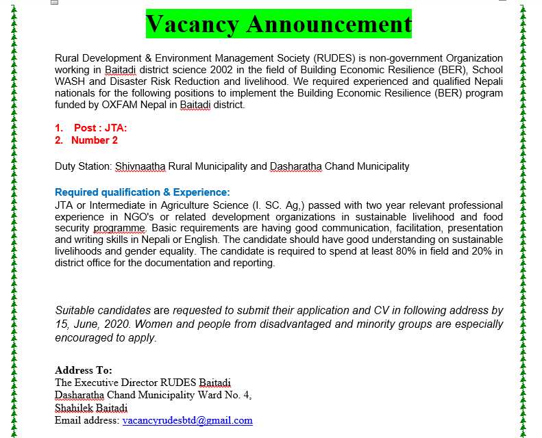 Vacancy Announcement for Gender Officer
